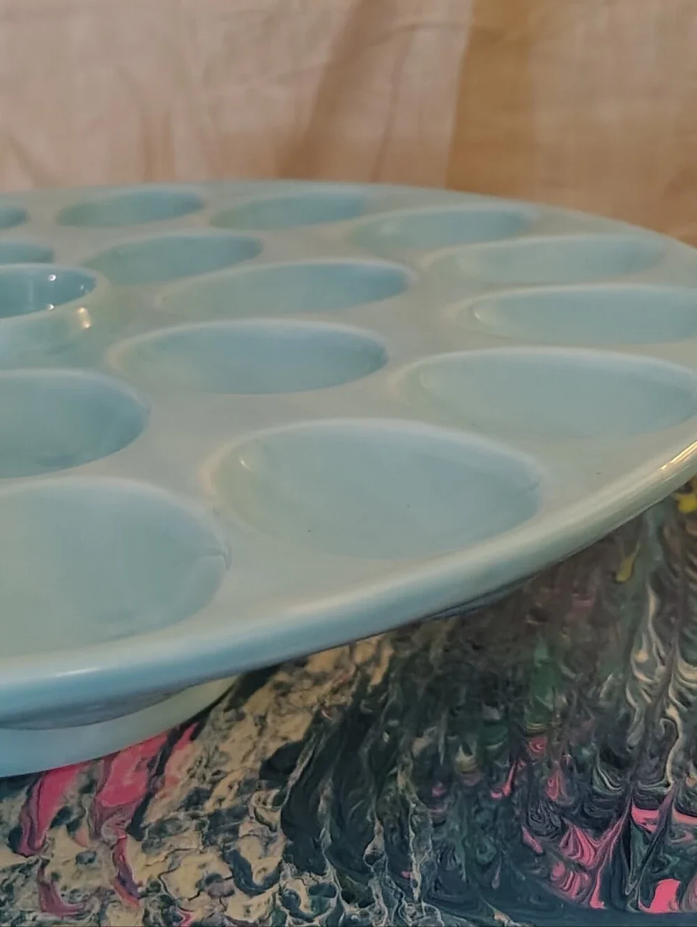 Posh Tag Light Aqua Ceramic Footed Deviled Egg Platter w/ Center Dip Bowl 12.5